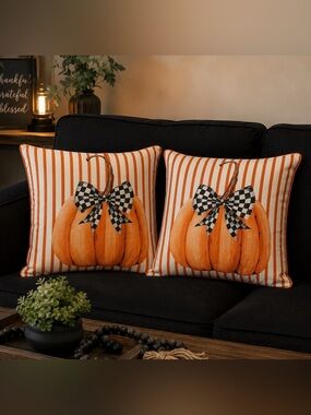 🎃New🎃Orange Pumpkin Stripe Decorative Throw Pillow Covers (No Inserts)